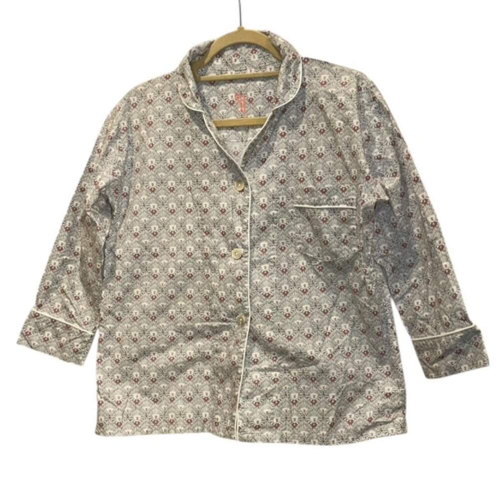 Serena & Lily 100% Cotton gray burgundy block print pajama top XS